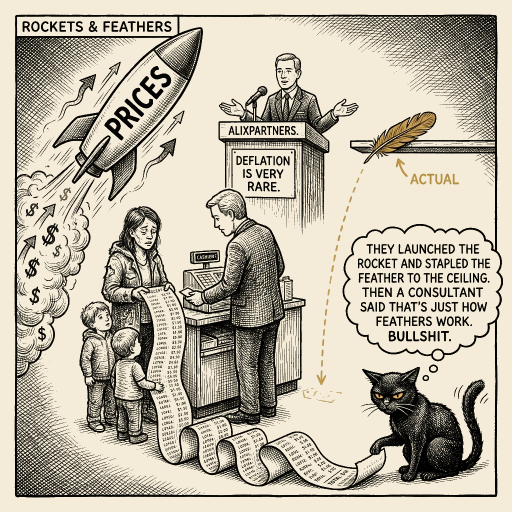 Editorial cartoon by Barb McGowan: Rockets and Feathers: They Jacked the Price and Told You to Stop Hoping