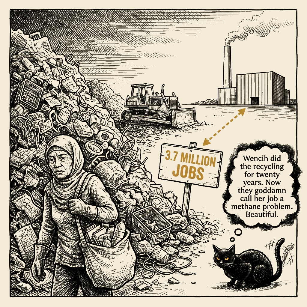 Editorial cartoon by Barb McGowan: She Recycled Your Shit for $12 a Day. Now They Want to Burn Her Job.