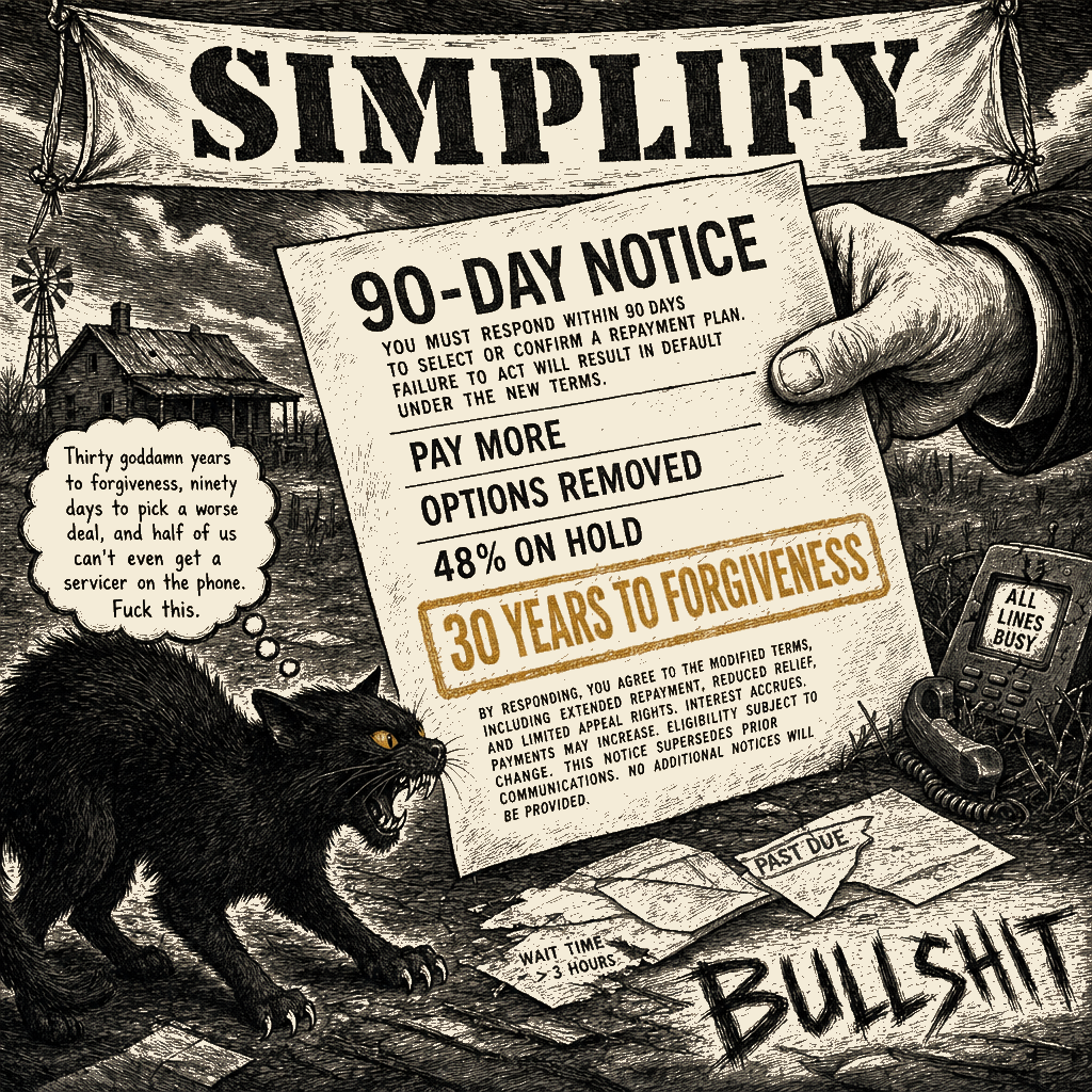 Editorial cartoon by Barb McGowan: Simpler, they said. Thirty years to wipe the debt.