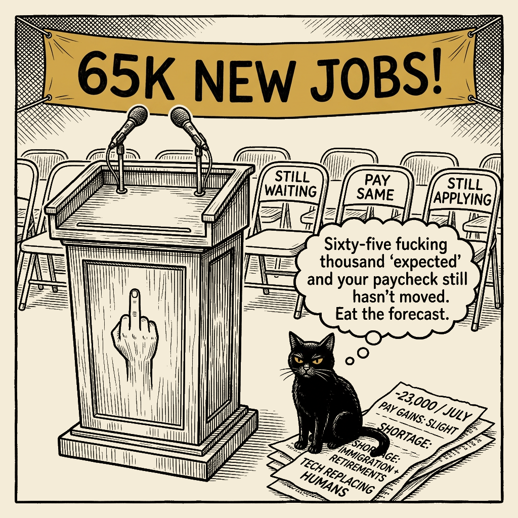 Editorial cartoon by Barb McGowan: Sixty-five thousand 'expected' — and your paycheck still won't move