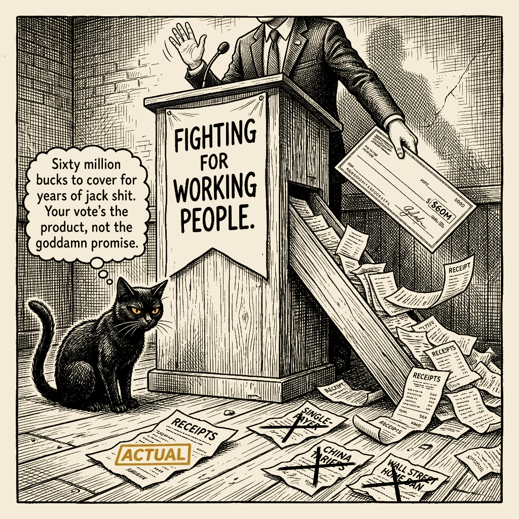 Editorial cartoon by Barb McGowan: Sixty Million Dollars and Not a Damn Thing to Show for It