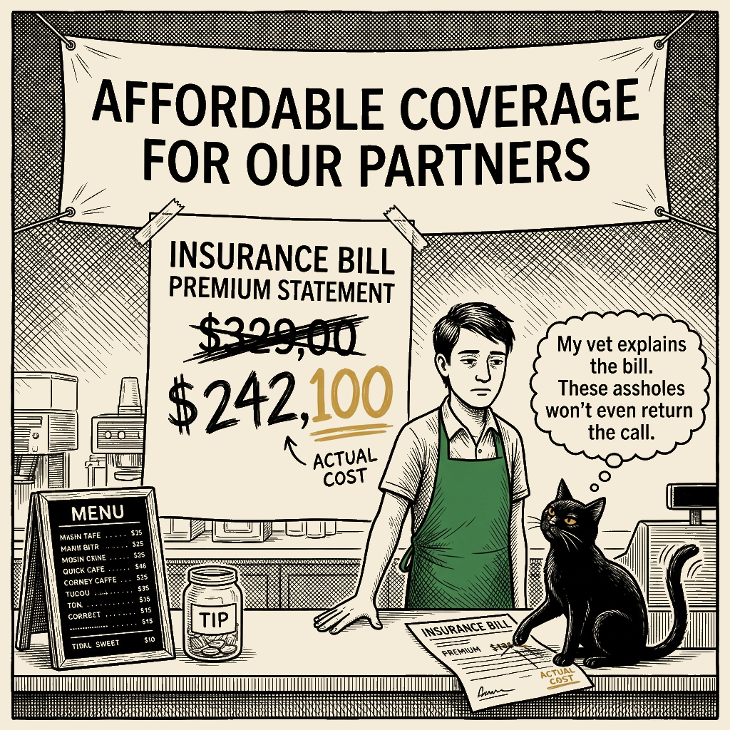 Editorial cartoon by Barb McGowan: Starbucks Calls Them Partners, Then Doubles the Doctor Bill