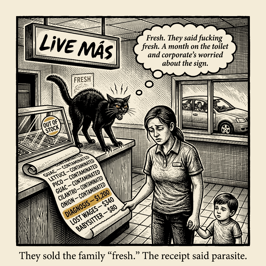 Editorial cartoon by Barb McGowan: Taco Bell Sold You 'Fresh.' It Sold You Cyclospora.