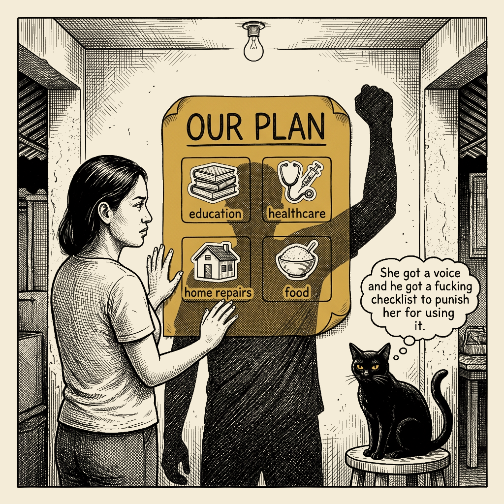 Editorial cartoon by Barb McGowan: The Empowerment Poster Became the Abuser's Scorecard