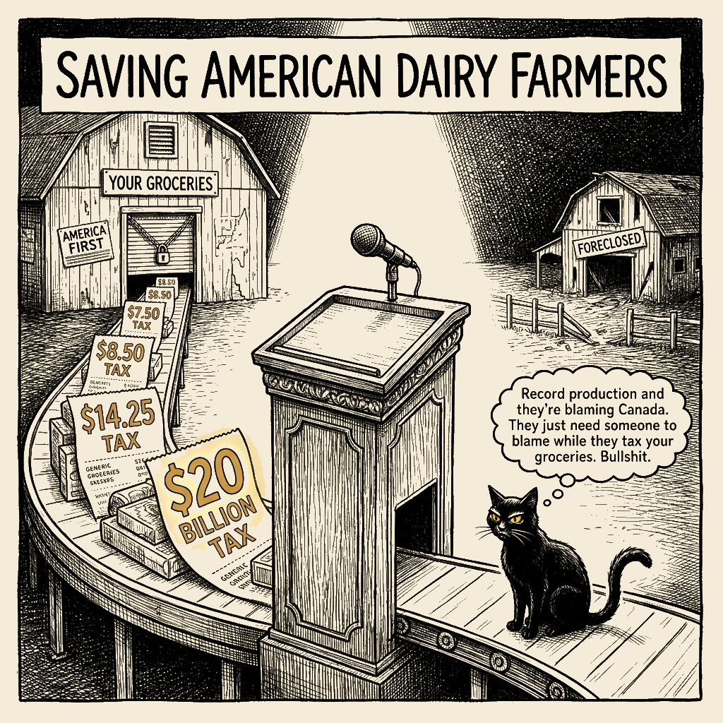 Editorial cartoon by Barb McGowan: The Farmer Got the Speech. Your Groceries Got the Tax.