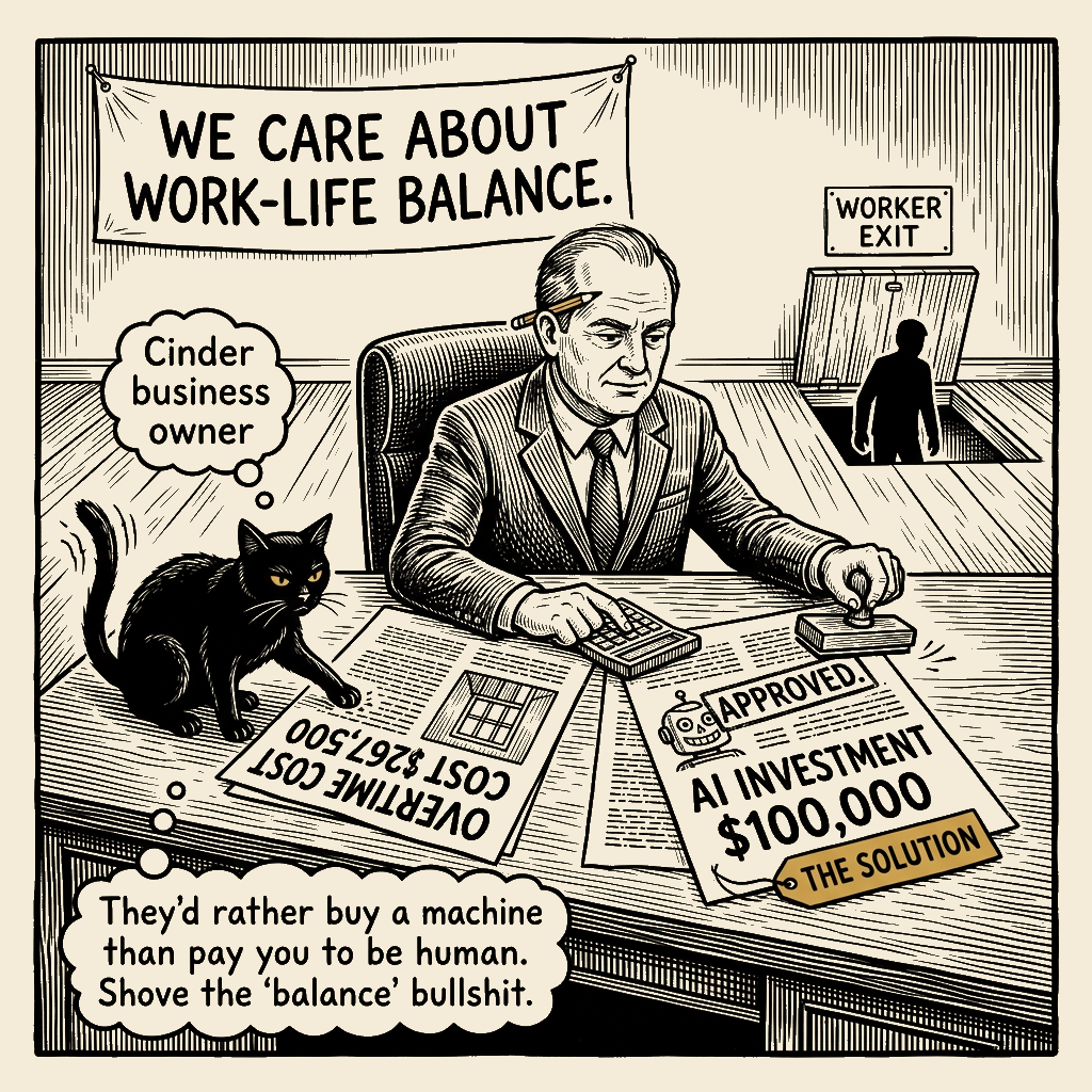 Editorial cartoon by Barb McGowan: The Four-Day Workweek Trap: They'll Buy a Robot Before They Pay Overtime