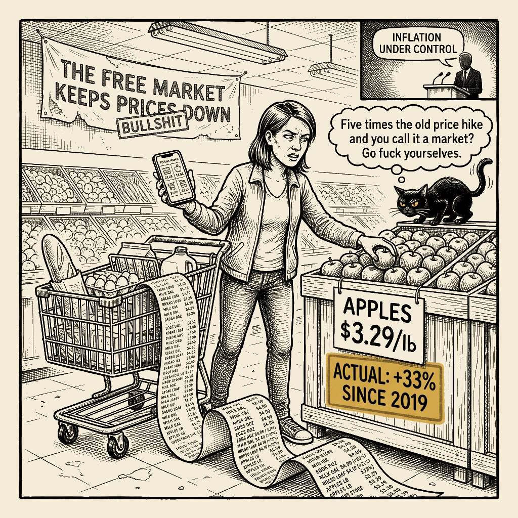 Editorial cartoon by Barb McGowan: The Free Market Raised the Price of Apples and Called It Discipline
