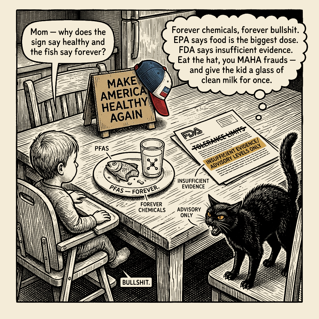 Editorial cartoon by Barb McGowan: The MAHA Hat Says Healthy. The Fish Says Forever.