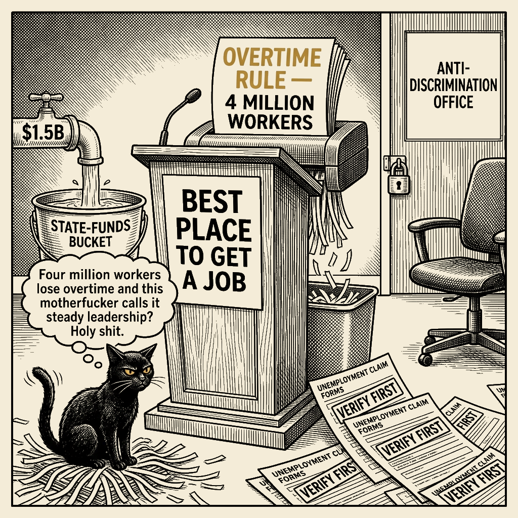 Editorial cartoon by Barb McGowan: The Man Killing Your Overtime Wants a Promotion