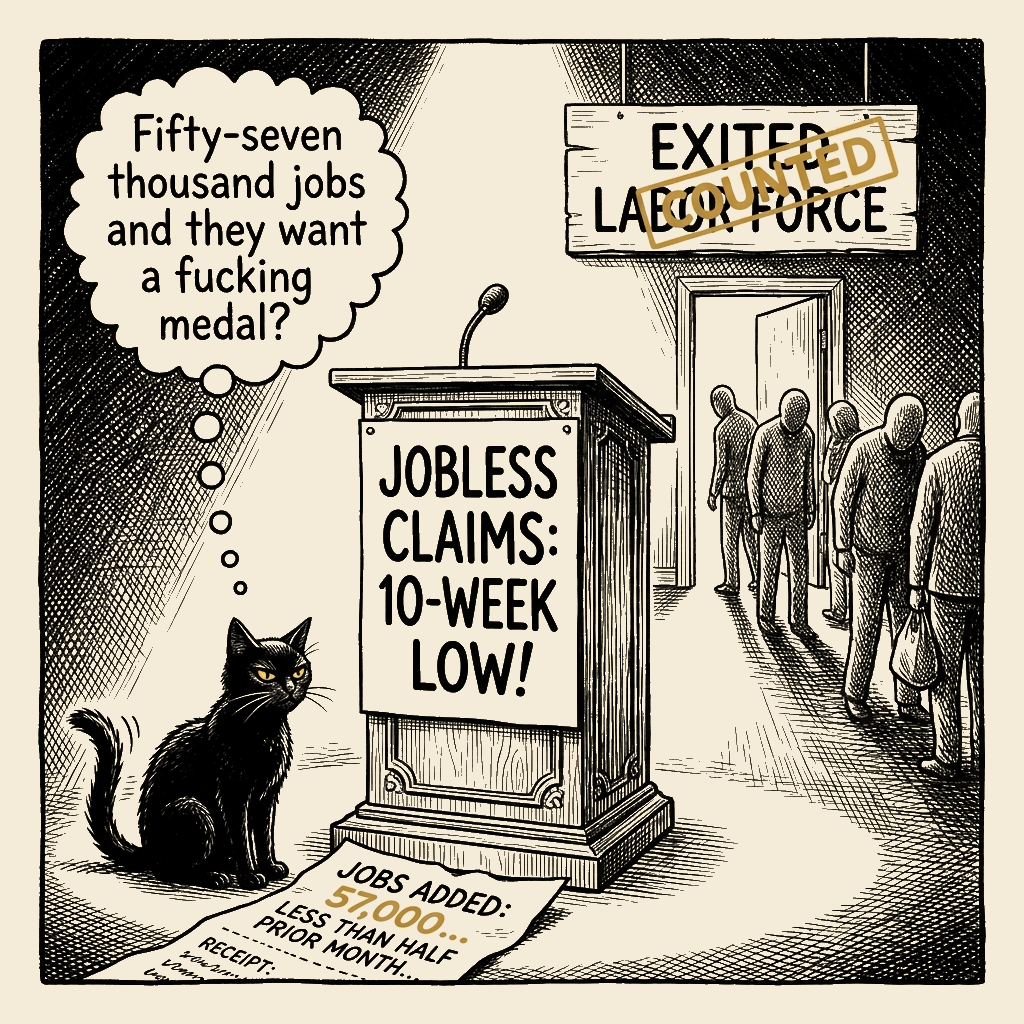 Editorial cartoon by Barb McGowan: The Rate Dropped Because People Gave Up. They Called It Good News.