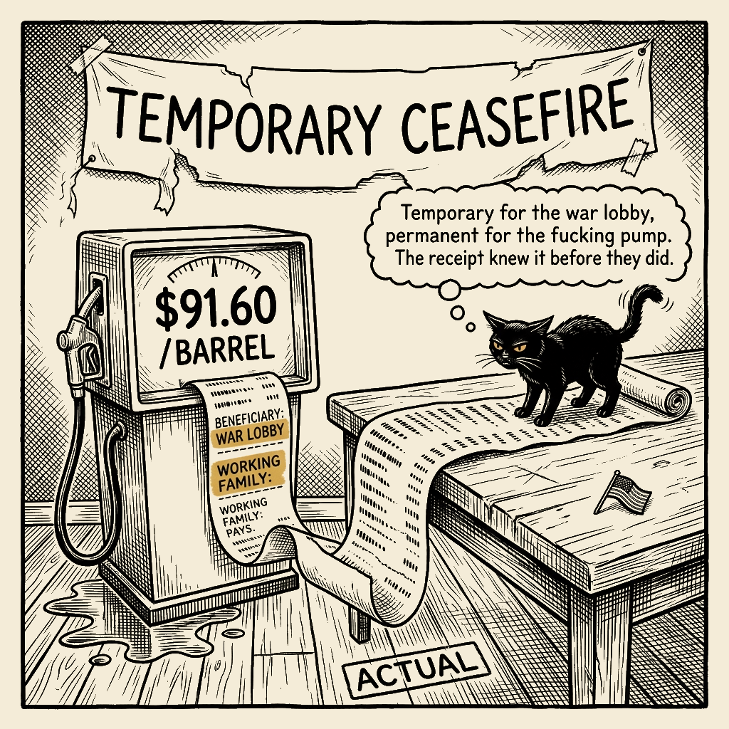 Editorial cartoon by Barb McGowan: The 'temporary' ceasefire was the war lobby's billing cycle