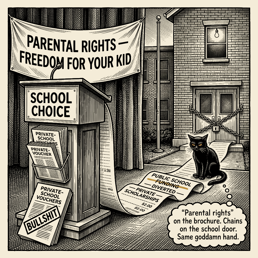 Editorial cartoon by Barb McGowan: They burned the school to sell the brochure