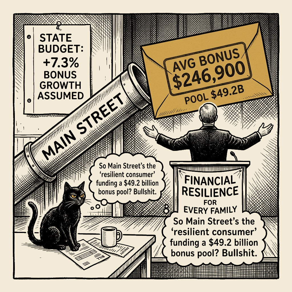 Editorial cartoon by Barb McGowan: They Called Us the 'Resilient Consumer' and Cashed the $49.2 Billion Check