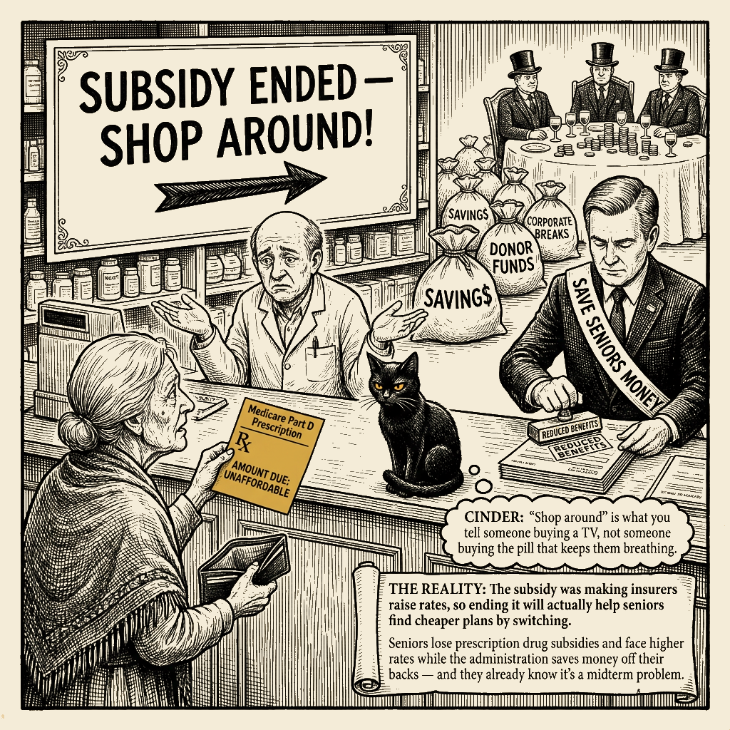 Editorial cartoon by Barb McGowan: They Cut the Check That Kept Grandma's Pills Affordable