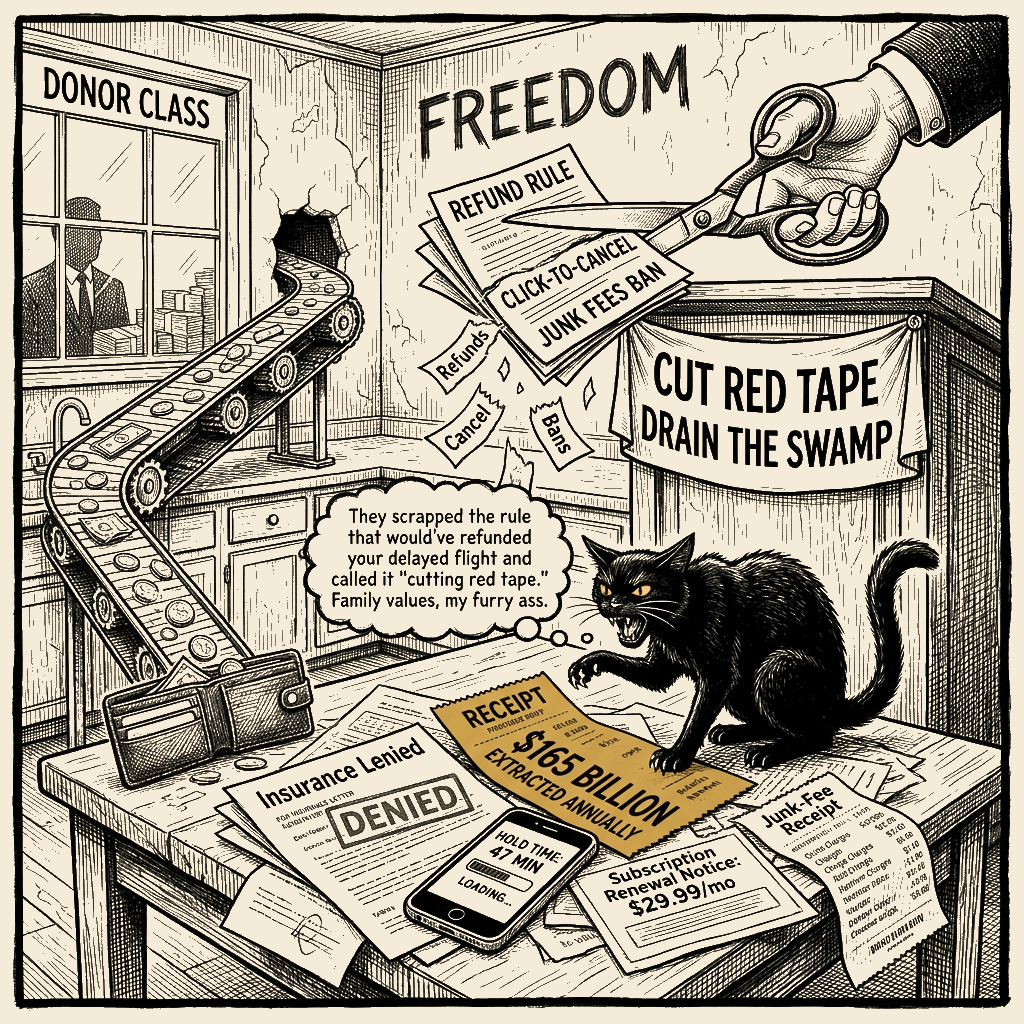 Editorial cartoon by Barb McGowan: They Cut the Refund Rule and Called It Freedom