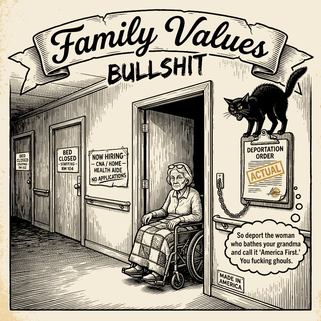 Editorial cartoon by Barb McGowan: They Deported Grandma's Aide. Call It 'Family Values.'