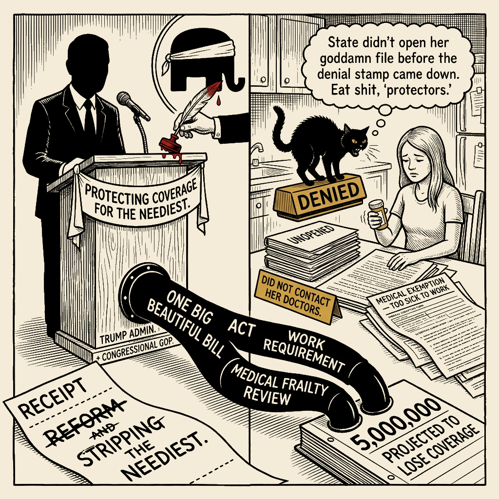 Editorial cartoon by Barb McGowan: They Didn't Call Her Oncologist. They Just Stamped DENIED on a Cancer Survivor.