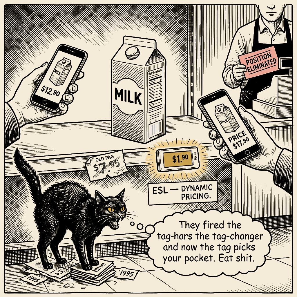 Editorial cartoon by Barb McGowan: They fired the tag-changer and gave the tag a knife.