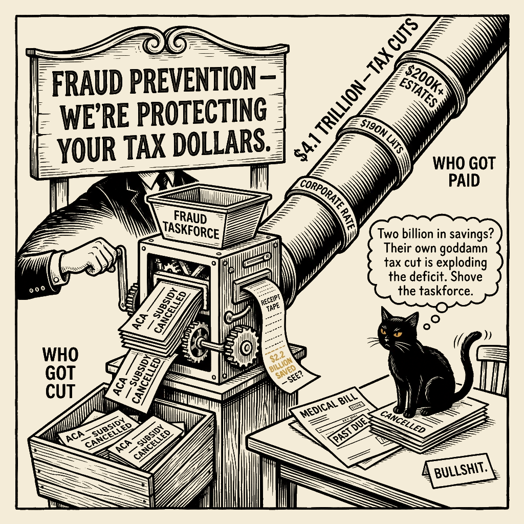 Editorial cartoon by Barb McGowan: They kicked 750,000 people off their insurance to pay for tax cuts they already passed.