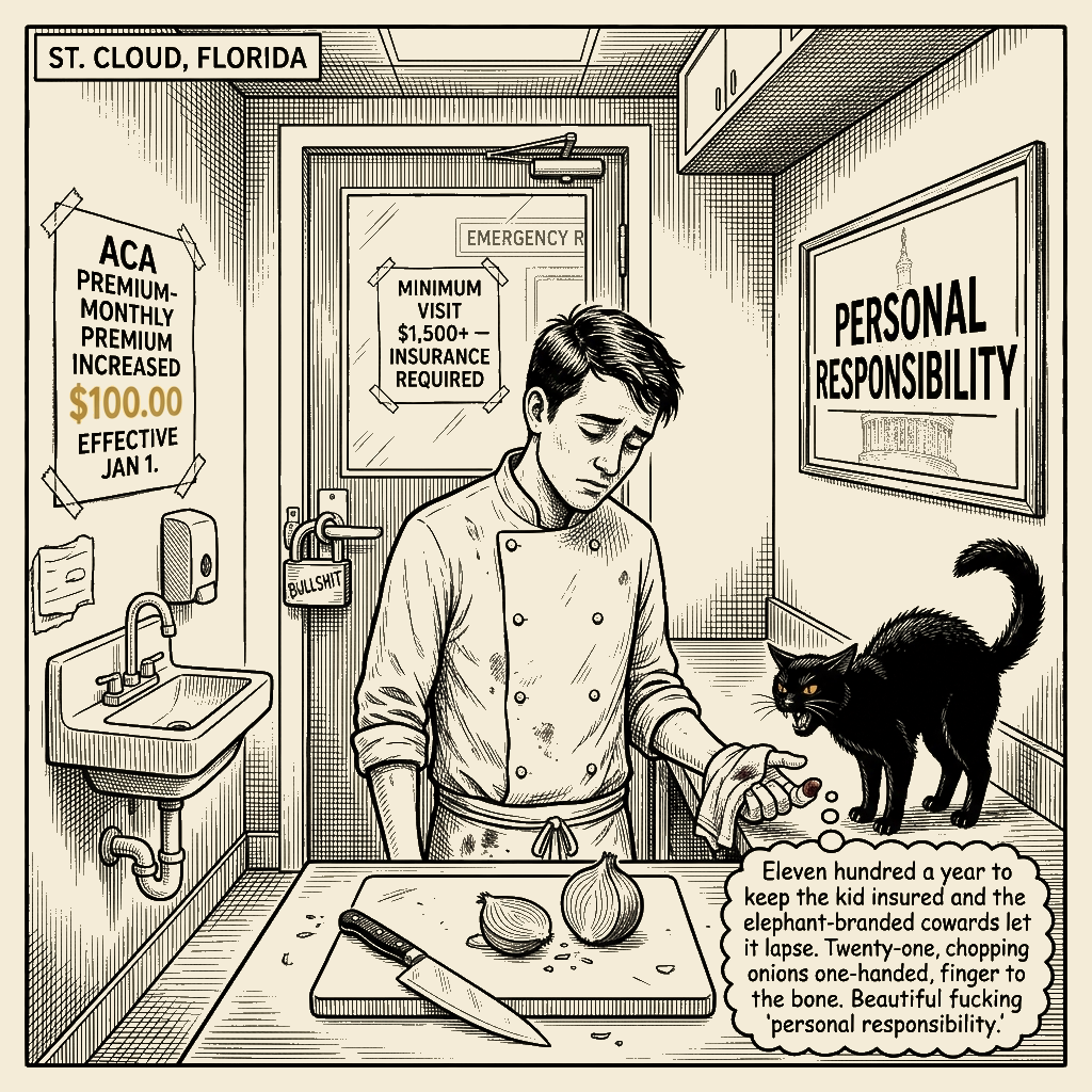 Editorial cartoon by Barb McGowan: They killed his ACA. He cooked dinner one-handed. Republicans call that 'personal…