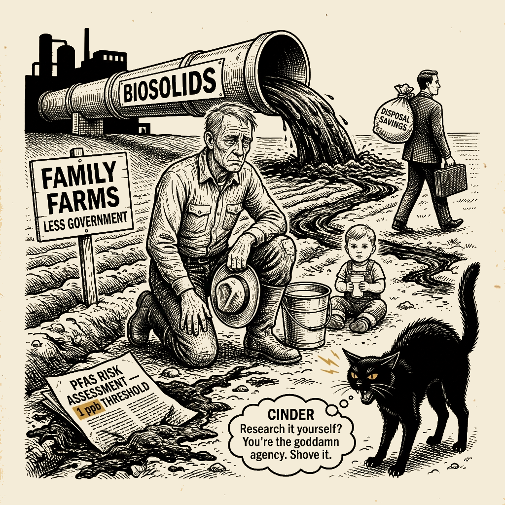 Editorial cartoon by Barb McGowan: They Poisoned the Farmland and Told You to Google It