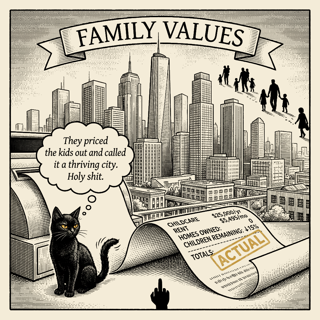 Editorial cartoon by Barb McGowan: They Priced the Kids Out and Called It a Market