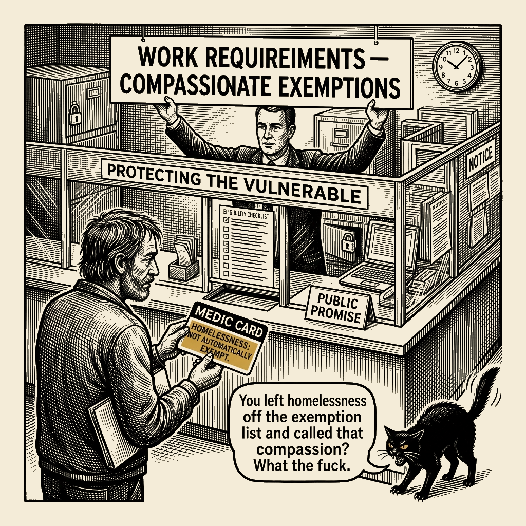 Editorial cartoon by Barb McGowan: They Promised the Vulnerable a Pass. Then They Left Homeless People Off the List.