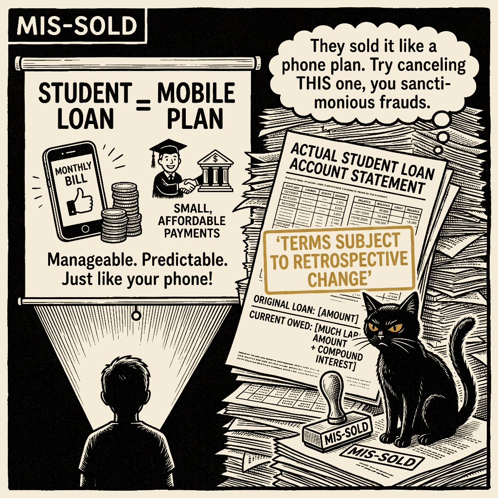Editorial cartoon by Barb McGowan: They Sold a Phone Bill and Delivered a Mortgage