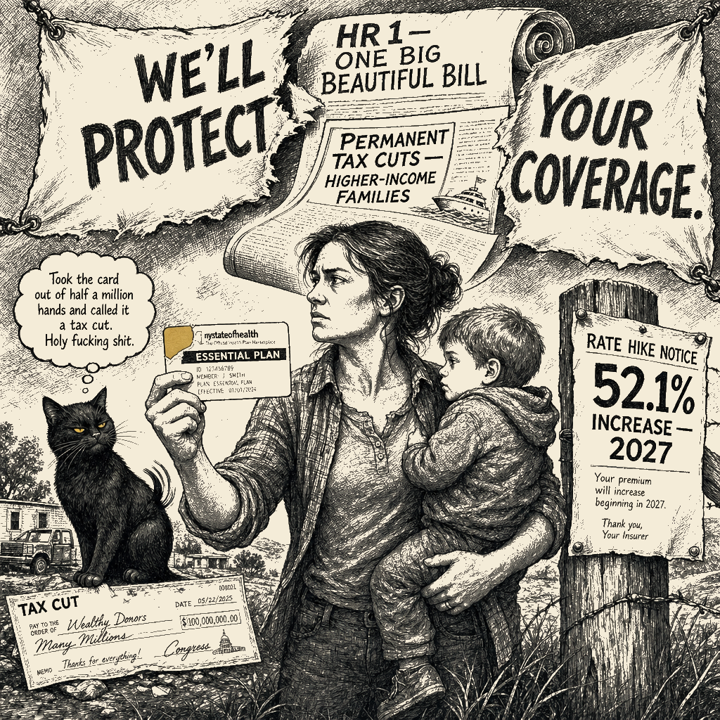 Editorial cartoon by Barb McGowan: They took the card out of half a million hands and called it a tax cut.