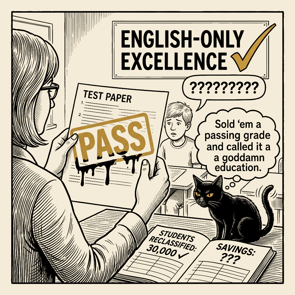 Editorial cartoon by Barb McGowan: Tom Horne Made the Test Easier, Called It Success, and the Kids Paid for It
