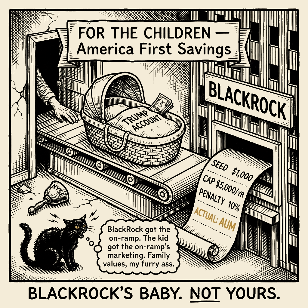 Editorial cartoon by Barb McGowan: Trump Accounts: a BlackRock feeder in a baby blanket