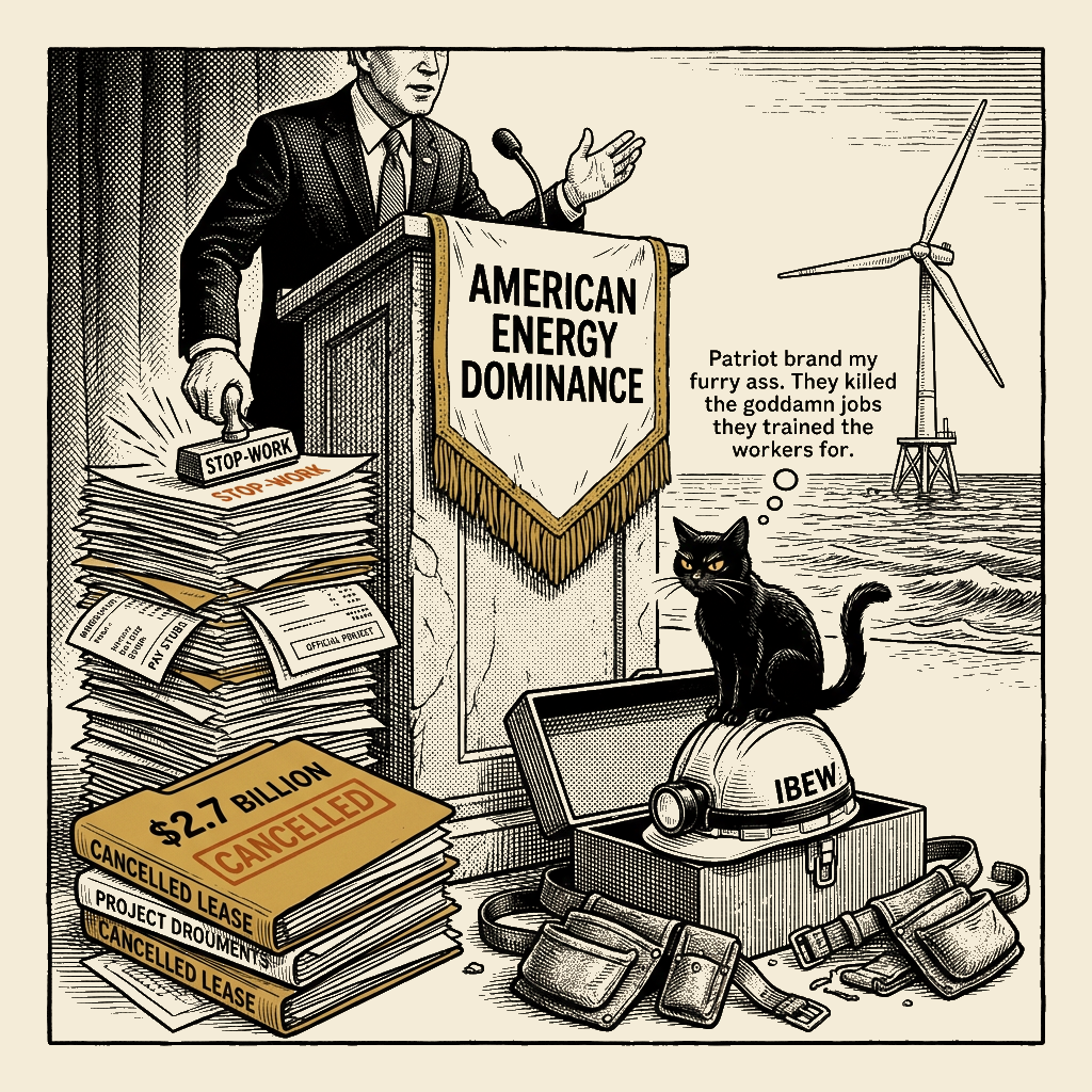 Editorial cartoon by Barb McGowan: Trump killed the union jobs he promised. The flag pin doesn't change it.
