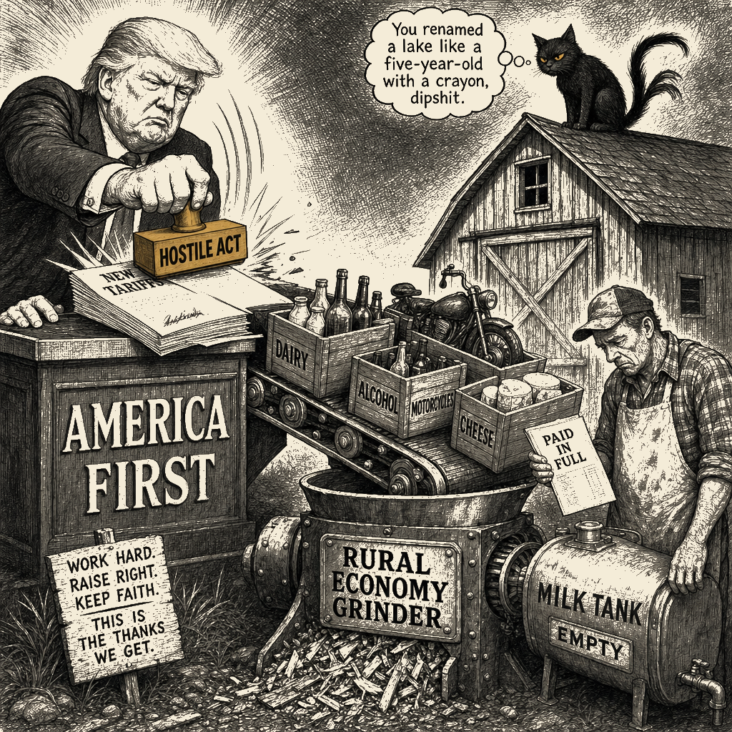 Editorial cartoon by Barb McGowan: Trump's 'America First' trade war is just America's farmers getting fucked again
