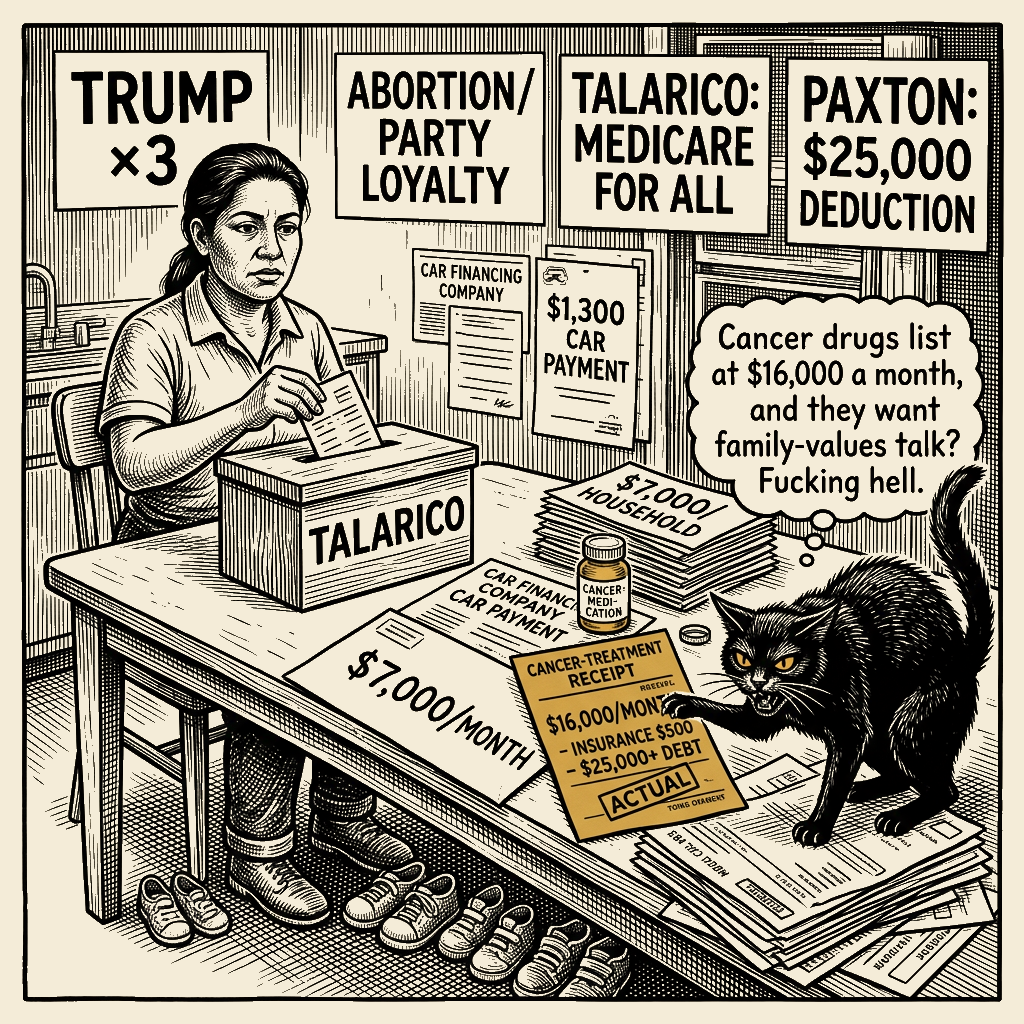 Editorial cartoon by Barb McGowan: Trump’s anti-abortion appeal lost Cindy Banda to a $25,000 cancer bill