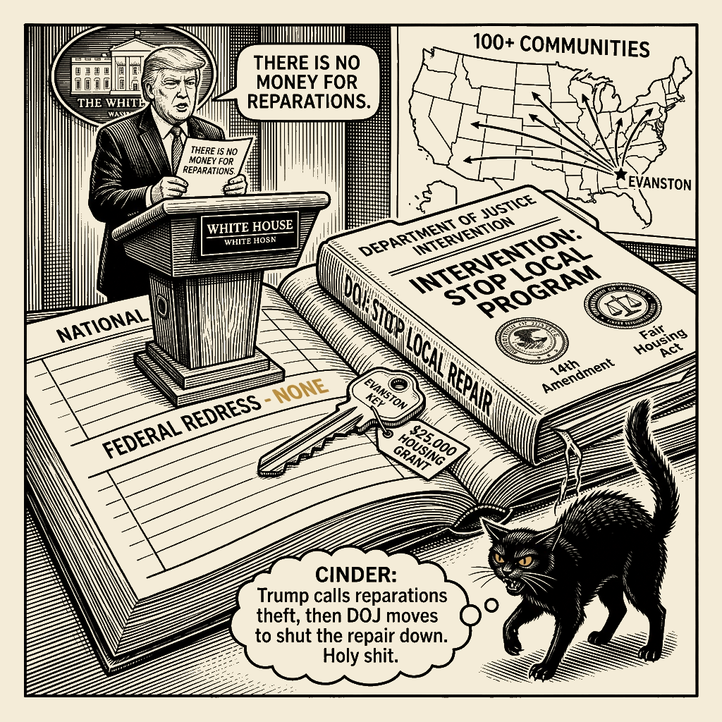 Editorial cartoon by Barb McGowan: Trump’s DOJ moves to block local reparations while Washington offers none