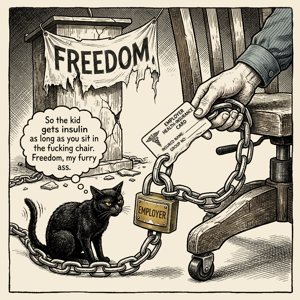 Editorial cartoon by Barb McGowan: Twenty-Three Million Americans Are Chained to Jobs They Hate. The System Calls It Freedom.
