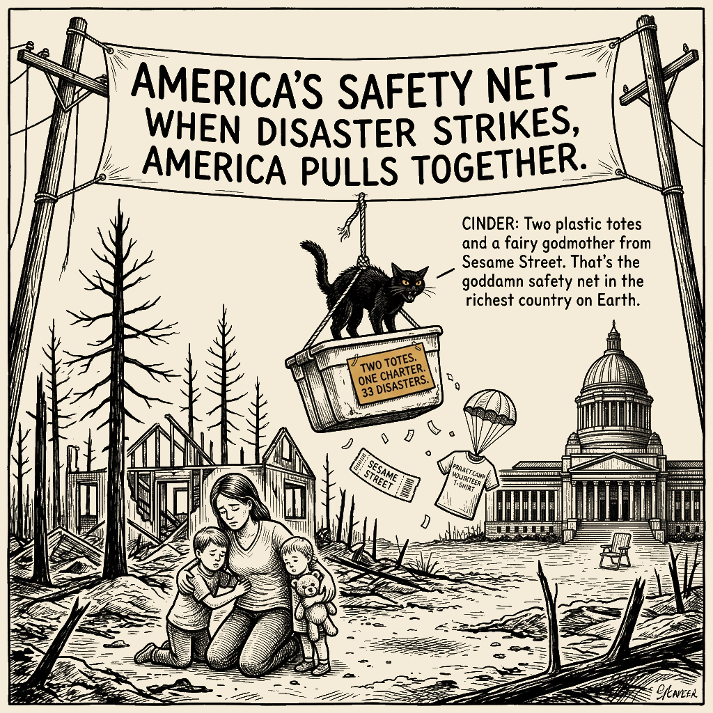 Editorial cartoon by Barb McGowan: Two plastic totes and a charter from Sesame Street. That's your safety net.