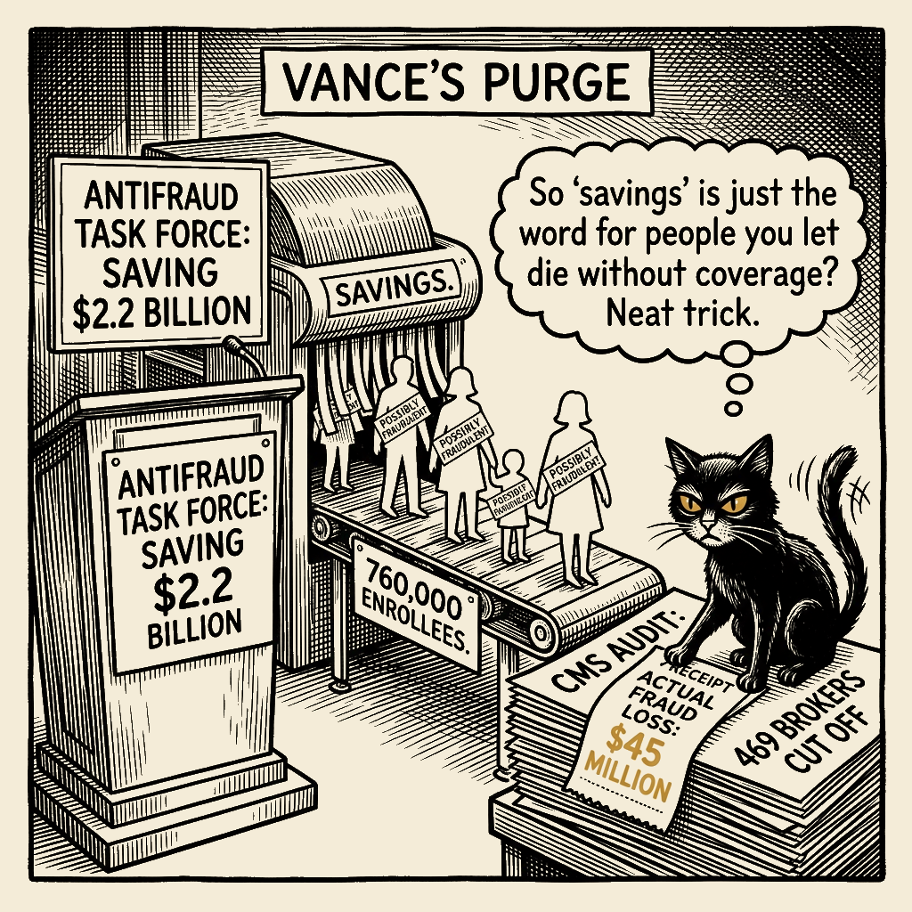 Editorial cartoon by Barb McGowan: Vance's 'antifraud' purge is a $2.2 billion excuse to gut the ACA