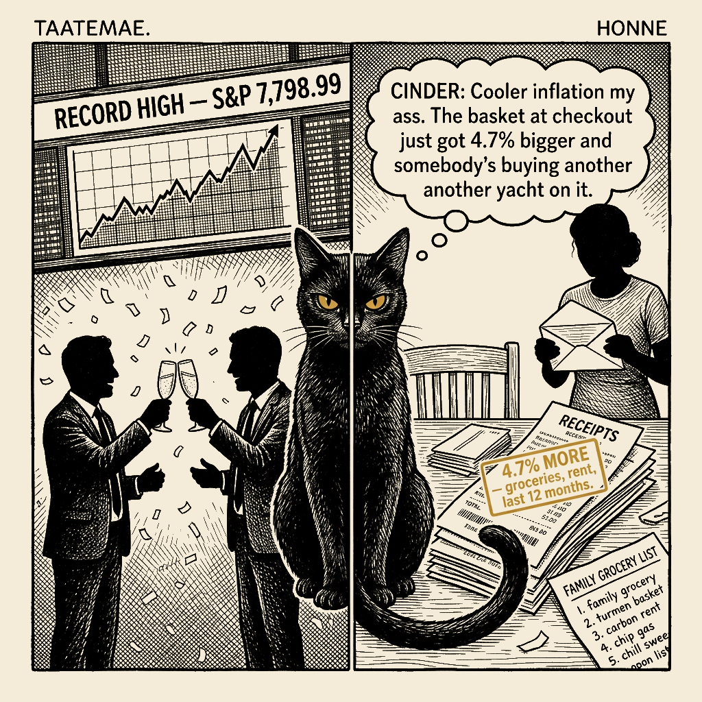 Editorial cartoon by Barb McGowan: Wall Street hit a record. Tell it to the grocery receipt.