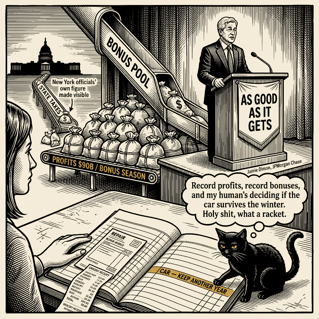 Editorial cartoon by Barb McGowan: Wall Street hits record profits and record bonuses. Working families get told to keep…