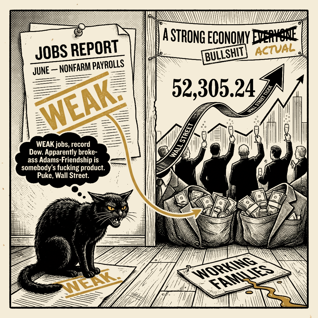 Editorial cartoon by Barb McGowan: Weak jobs, record Dow. The 'strong economy' is a costume.