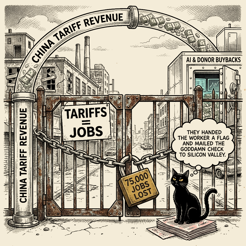 Editorial cartoon by Barb McGowan: You Left Us the Rust and Kept the Receipts