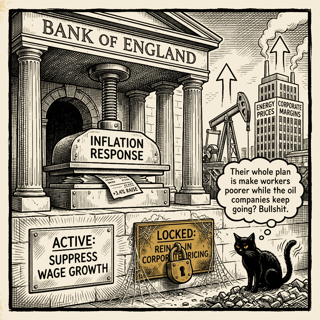 Editorial cartoon by Barb McGowan: Your Raise Is the Emergency: Central Bankers' One-Tool Scam