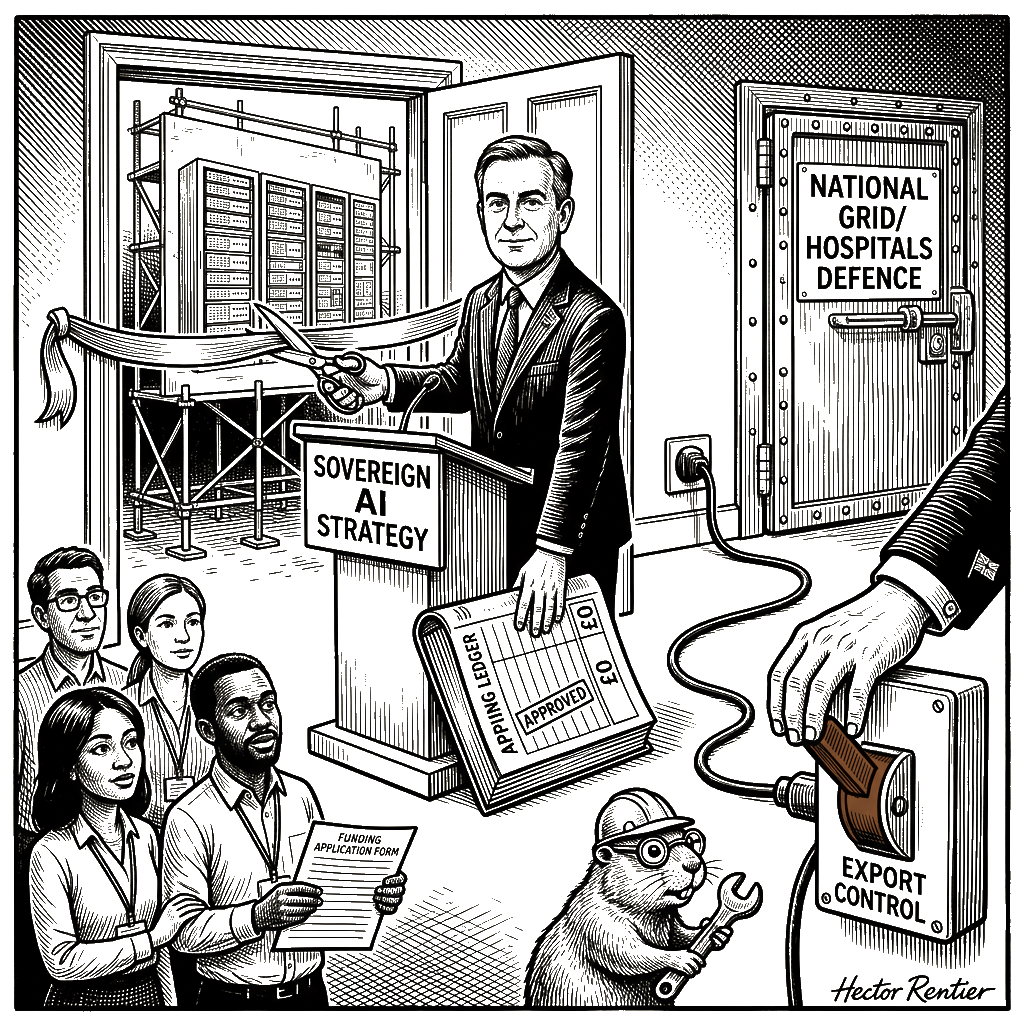 Editorial cartoon by Hector Rentier: Britain wants sovereign AI. The money has never appeared.