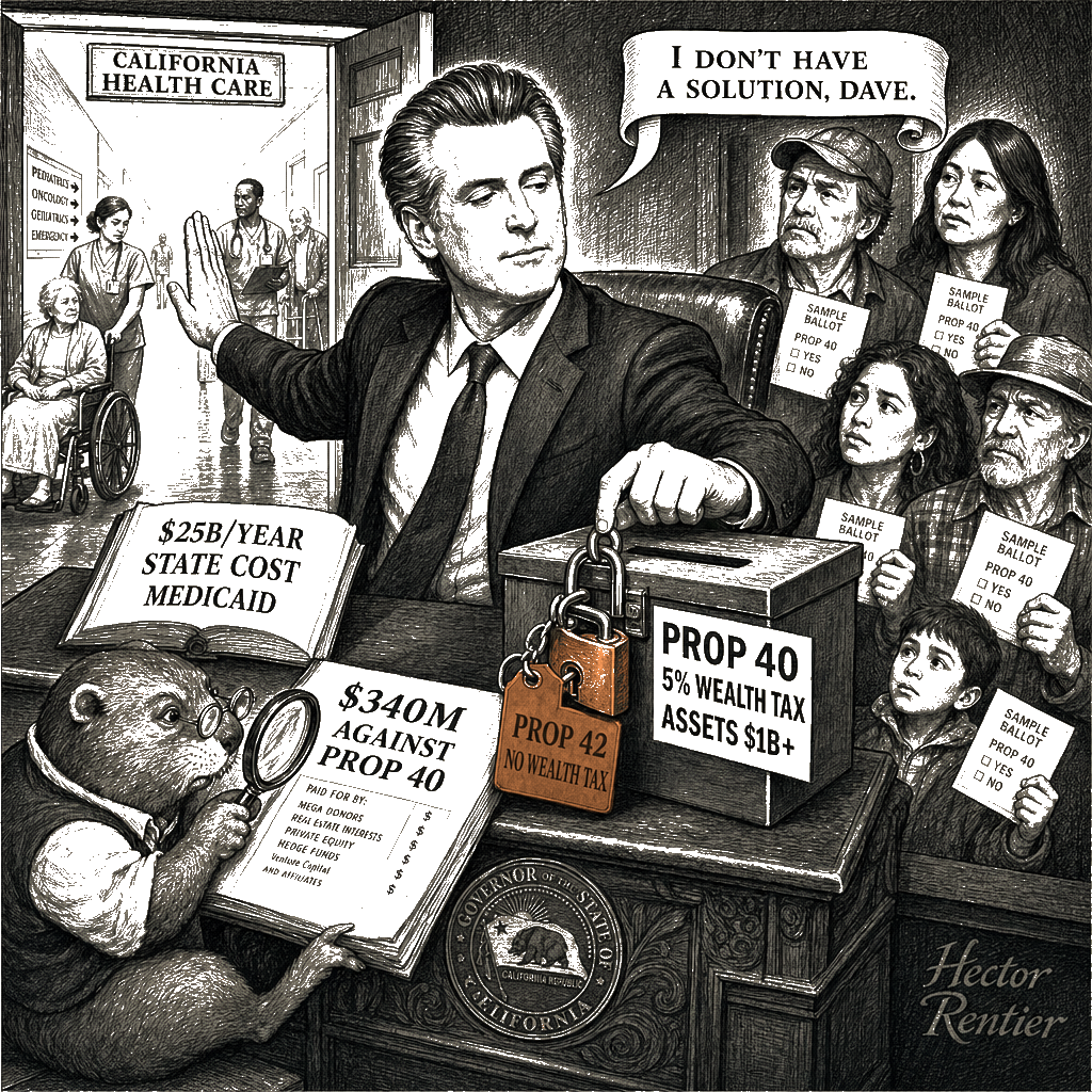 Editorial cartoon by Hector Rentier: California Democrats Must Tax the Billionaires or Obey Their Donors