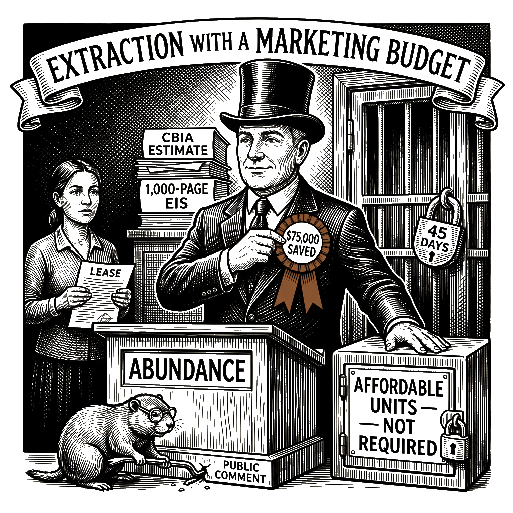 Editorial cartoon by Hector Rentier: California's "Abundance" Crusaders Want to Muzzle Every Community That Stands in Their…