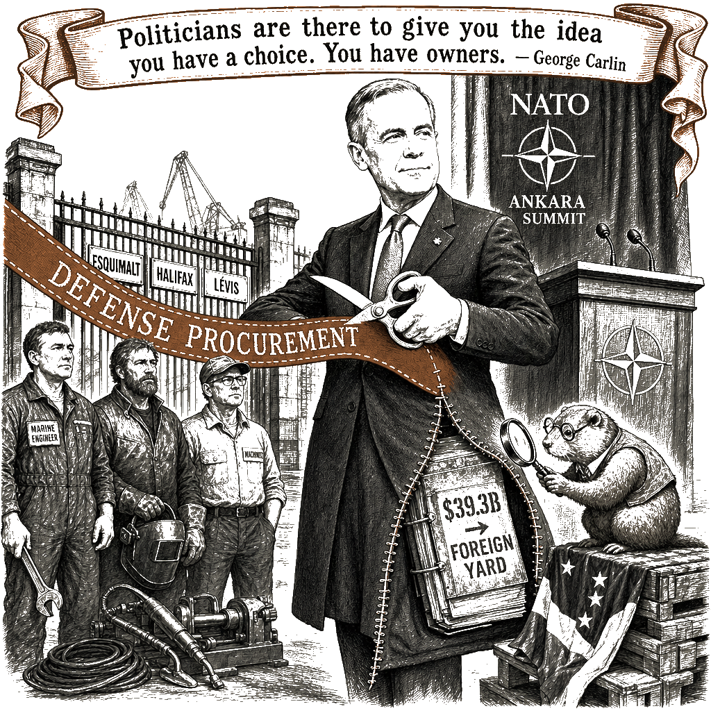 Editorial cartoon by Hector Rentier: Carney Sacrifices Canadian Shipyard Workers to a Forty-Billion-Dollar Submarine Deal