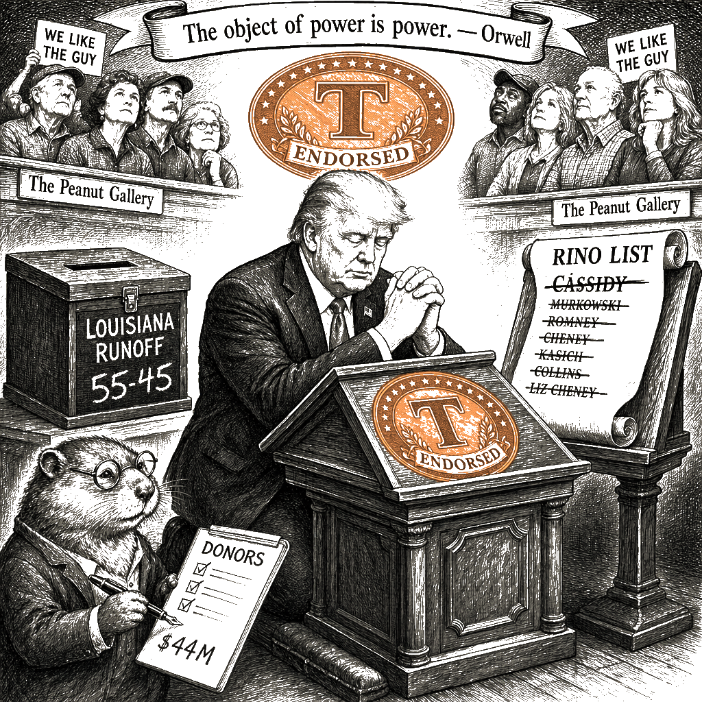 Editorial cartoon by Hector Rentier: Cassidy Finally Gets His Sequel: Letlow Wins, and the Party Is Mine
