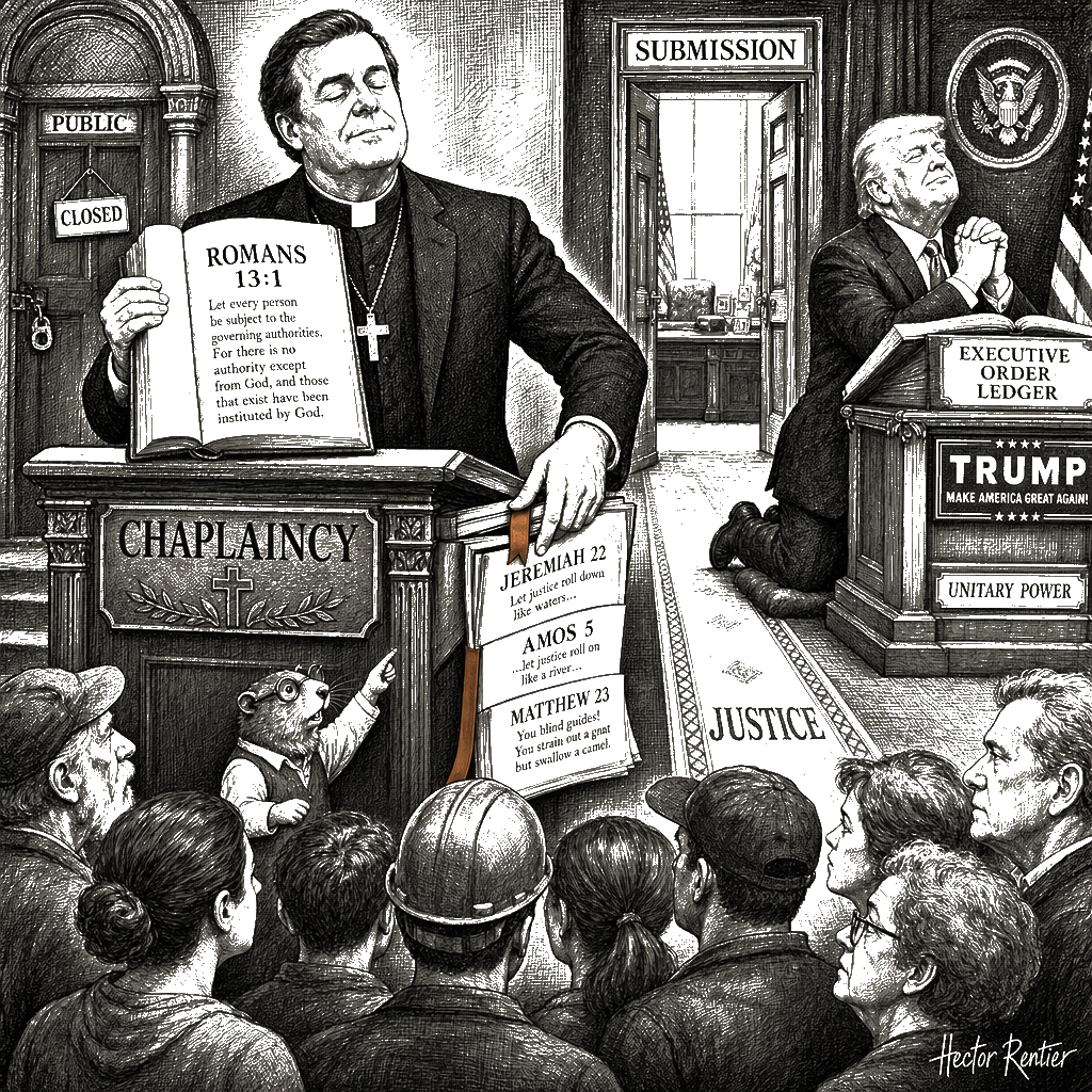 Editorial cartoon by Hector Rentier: Chaplaincy of the Current Administration