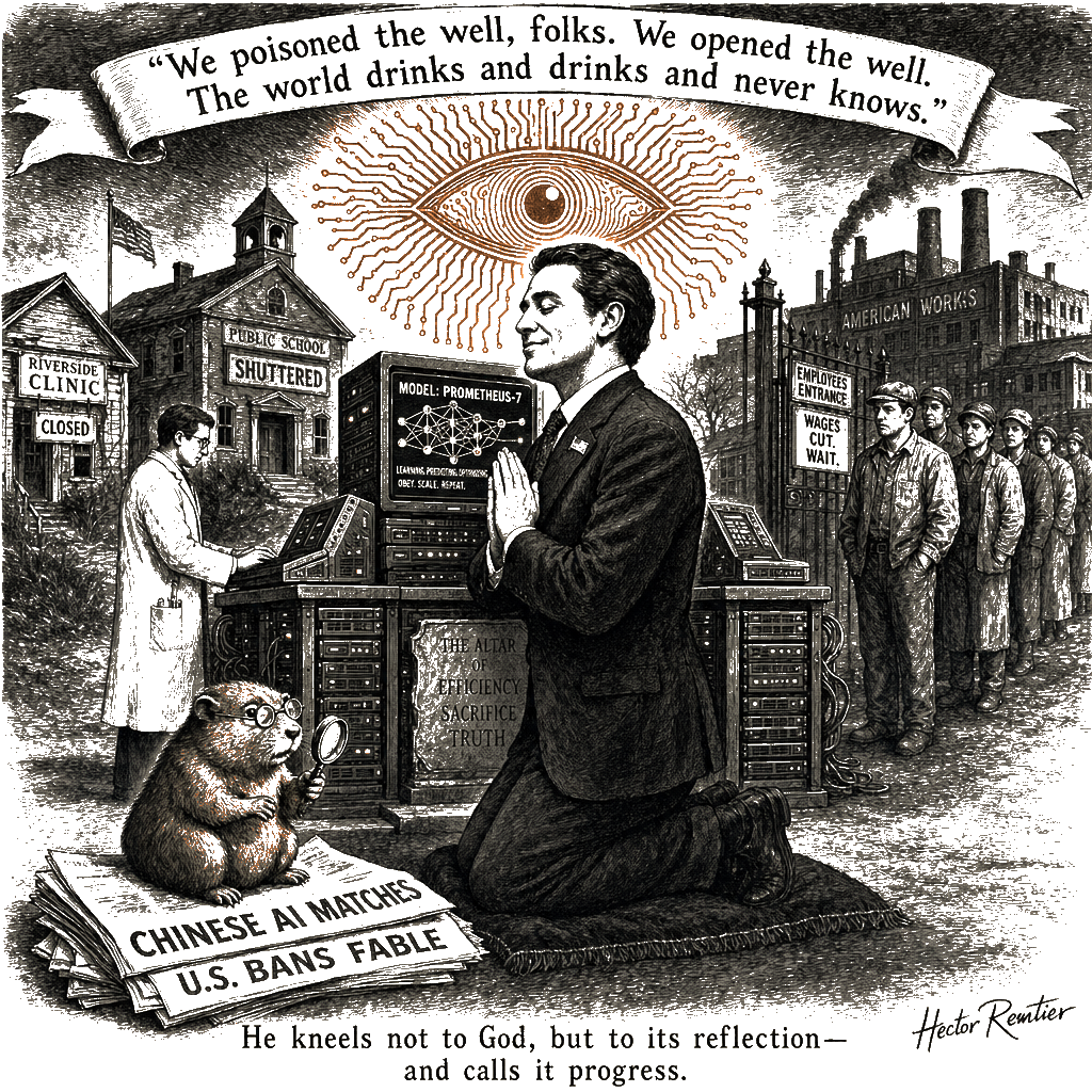 Editorial cartoon by Hector Rentier: Chinese AI surge is a beautiful trap, exactly what I planned, and the failing media…